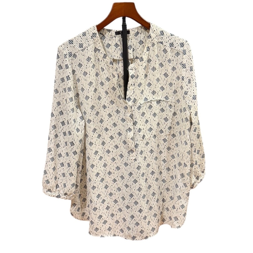 Classy NYDJ Womens XL Ivory Navy Blue Geometric Diamond Print Henley Blouse Top